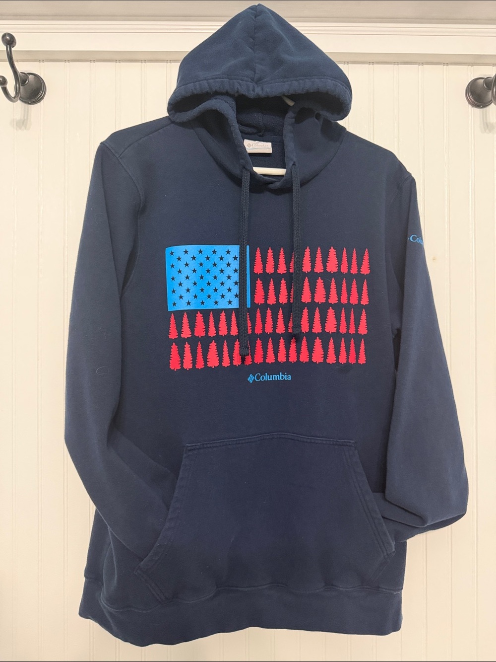 Columbia Mens M 🇺🇸US FLAG HOODIE 🌲Front Pocket EUC